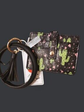 🌵Black Cactus Print Wristlet Card Holder with Tassel Keyring